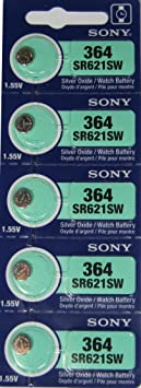 Sony 364 (SR621SW) 1.55V Silver Oxide 0% Hg Mercury Free Watch Battery (5 Batteries)