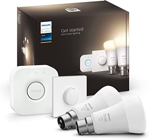 Philips Hue White Starter Kit: Smart Bulb Twin Pack LED [B22 Bayonet Cap] incl. Bridge and Dimmer Switch - 1100 Lumens (75W equivalent). Works with Alexa, Google Assistant and Apple Homekit