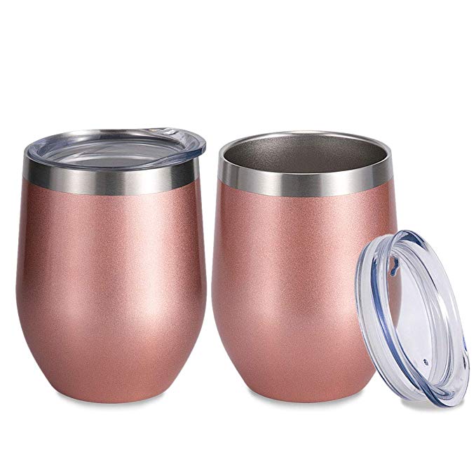 Insulated Wine Tumbler with Lid Rose Gold 2 pack, Double Wall Stainless Steel Stemless Insulated Wine Glass, Durable Insulated Coffee Mug, for Champaign, Cocktail, Beer, Office, 12oz by SUNWILL