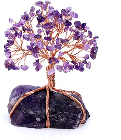 PESOENTH Amethyst Healing Crystals Money Tree Feng Shui Wealth Ornament Copper Tree of Life Crystal Base Reiki Office Living Room Table Decoration Good Luck Health Figurine Gift