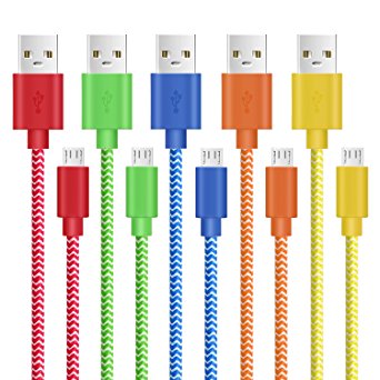 Micro USB Cable, Pofesun 5 Pack 6Feet High Speed Nylon Braided Tangle-Free Micro USB 2.0 Charging/Sync Data Cable For Samsung, HTC, Motorola, Nokia, Android and more (Blue Red Yellow Green Orange)