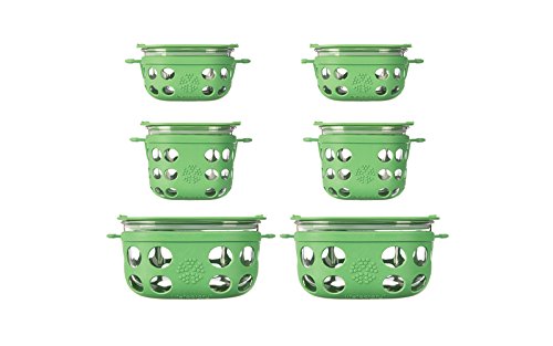 Lifefactory BPA-Free Glass Food Storage and Bakeware with Protective Silicone Sleeve and Lid, 6 Piece Grass Green