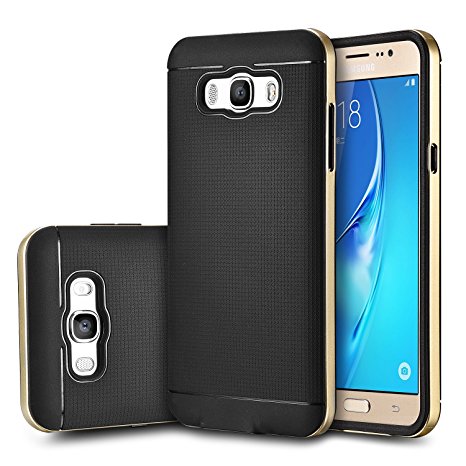 tinxi® Samsung Galaxy J7 2016(SM-J710) 5.5 inches Case Cover Silicone Protective soft inner Shell   PC Frame, Black with Gold Frame