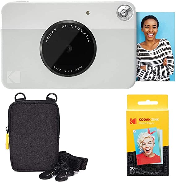 Kodak Printomatic Instant Camera (Grey) Basic Bundle   Zink Paper (20 Sheets)   Deluxe Case   Comfortable Neck Strap