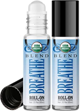 Organic Breathe Blend Roll On Essential Oil Rollerball (2 Pack - USDA Certified Organic) Pre-diluted with Glass Roller Ball for Aromatherapy, Kids, Children, Adults Topical Skin Application - 10ml