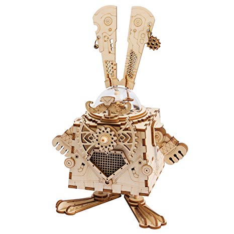 ROKR 3D Wooden Music Box Machinarium-Laser Cut Model Kits-DIY Rabbit Toy-Creative Birthday Christmas for Boys and Girls