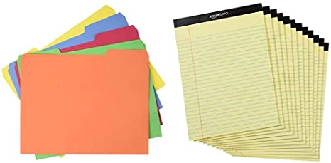 AmazonBasics AMZ401 File Folders - Letter Size (100 Pack) – Assorted Colors & Legal/Wide Ruled 8-1/2 by 11-3/4 Legal Pad - Canary (50 Sheet Paper Pads, 12 Pack)