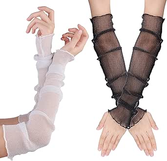 2Pairs Women's Long Ultra-thin Lace Arm Sleeves Cooling Mesh Tulle Sunscreen Fingerless Arm Sleeves for Outdoor Activity