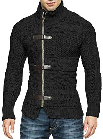 Karlywindow Men's Cable Knitted Oplique Zip Button Front Long Sleeve Cardigan Sweater