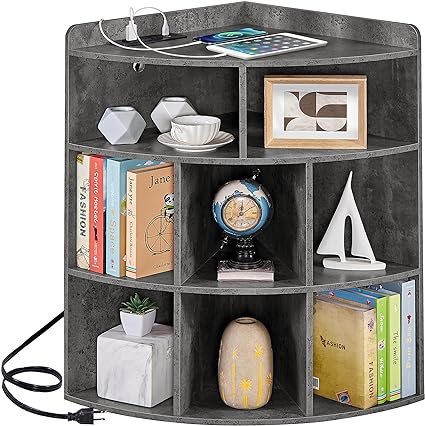 VECELO Corner Cabinet with Charging Station, 3-Tier Cube Storage Organizer with USB Ports and Outlets, Triangle Bookcases with 8 Cubbies for Playroom, Bedroom, Living Room, Grey