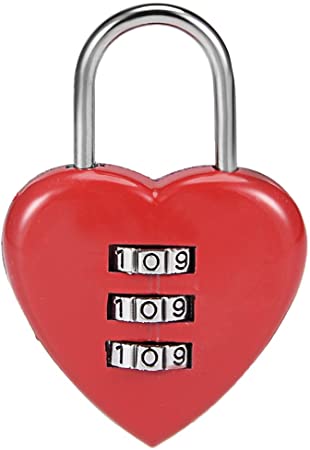 uxcell 3 Digit Combination Padlock, 3mm Shackle, Zinc Alloy Lock Heart Shaped, Red