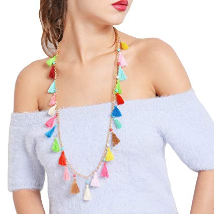Simsly Long Multi Colored Tassel Necklace with Pendant for Women and Girls (Gold)