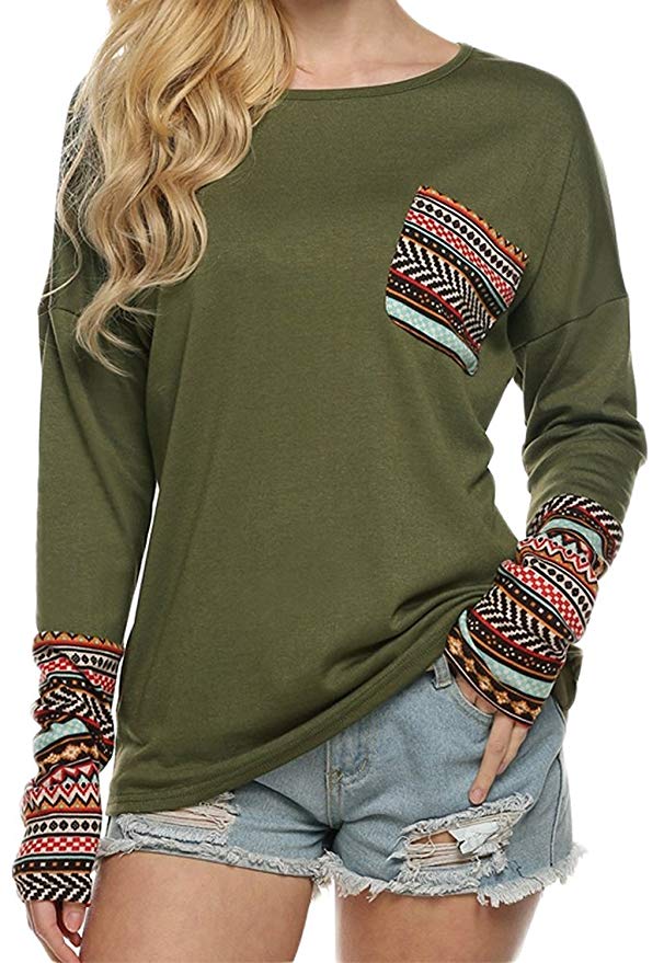 POGTMM Women's Long Sleeve O-Neck Patchwork Casual Loose T-Shirts Blouse Tunic Tops with Thumb Holes