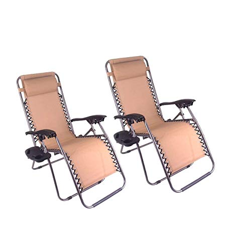 Polar Aurora Zero Gravity Chairs Recliner Lounge Patio Chairs Folding Cup Holder 2 pack(Tan)
