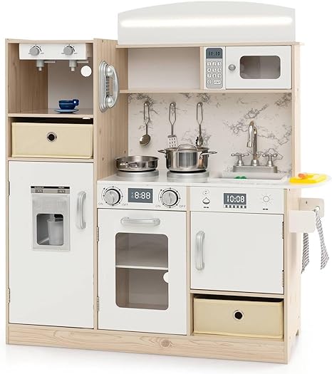 COSTWAY Kids Play Kitchen, Wooden Pretend Cooking Playset with Adjustable LED Lights, Removable Fabric Bins, Microwave Oven, Coffee Maker and Abundant Accessories, Toddler Chef Toy Set for Boys Girls