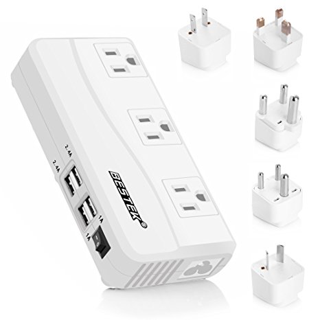 Power Converter BESTEK 220V to 110V 3-Outlet and 4-Port USB Travel Voltage Transformer with Type G/D/M/EU/AU/US Travel Plug Adapters,200W