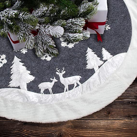 7Felicity Christmas Tree Skirt, Fur Rustic White Xmas Tree Skirt,Snowy Christmas Trees Mat Decorations Indoors,Deer and Snowflake Pattern (36 inches, Two Deers)