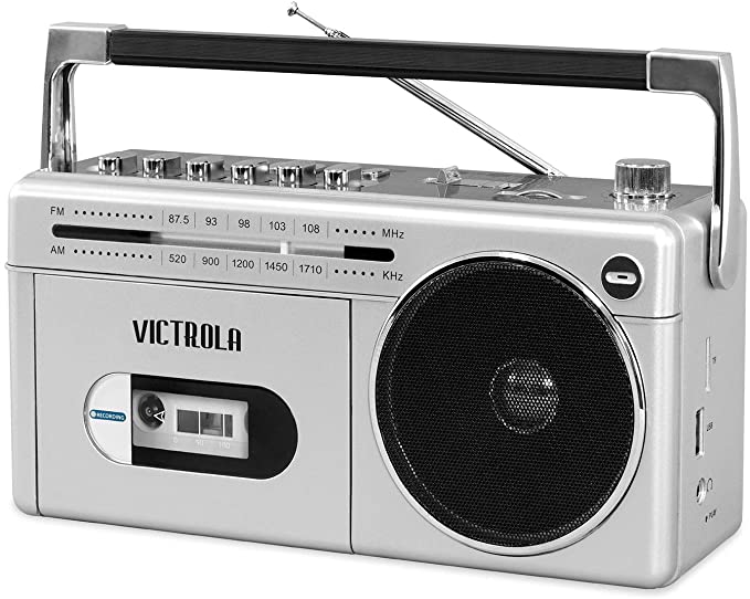 Victrola VBB-25-SLV  Mini Bluetooth Boombox with Cassette Player, Recorder and Am/FM Radio, Silver