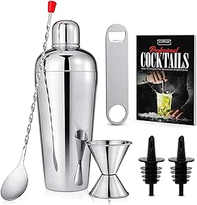 NutriChef Bartender Set 7 Piece - Includes Cocktail Shaker Mixer, Essential Bar Accessories, 2 Bottle Pourers, Bar Mixer Spoon, Jigger & 50 Recipe Booklet - Essential Martini Making Kit - Drink Mixing