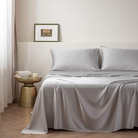 Silver Infused Bamboo Bed Sheet 4 Piece Set, Luxuriously Silky Soft and Cooling Sheets Help Eliminates Odors and Hypoallergenic 1 Fitted, 1 Flat, and 2 Pillowcases (Light Gray, Twin)