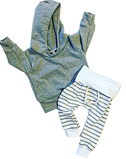 Newborn Baby Boys Girls Grey Hoodie Sweatshirt Top   Striped Pants Outfits Set TODDLING Around Clothes