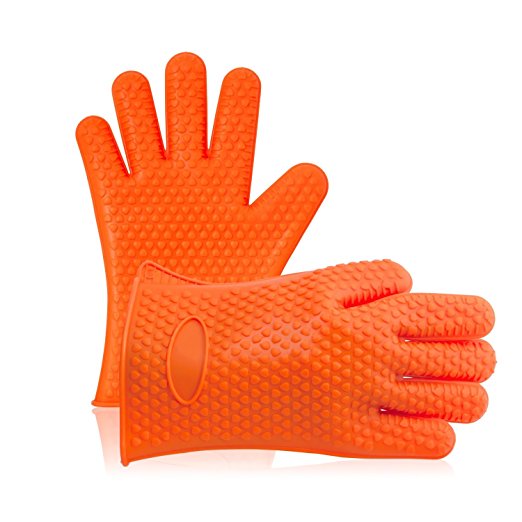 Oven Gloves, Potensic Oven Gloves Heat Resistant Silicone Oven Mitts Grilling Golves for BBQ Cooking Baking - Orange(Five Fingered Design)