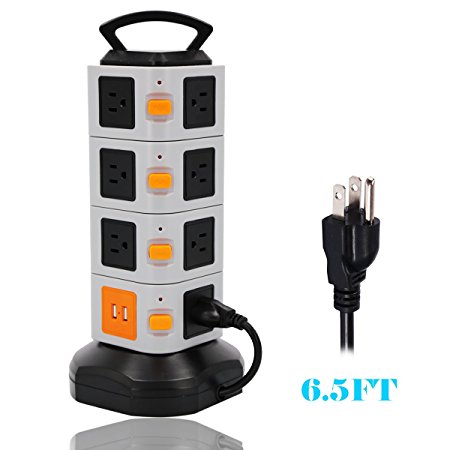 Power Strip Tower ONEreach Surge Protector Electric Charging Station 2500W 10A 16AWG 15 AC Outlets   2 USB Ports with 6.5ft Power Cord