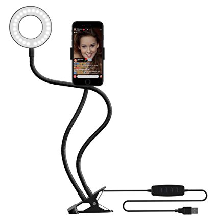 MeeQee Cell Phone Holder with Selfie Ring Light for Live Stream, Dimmable 3 Light Mode with Flexible Arms Phone Clip Holder Lazy Bracket Desk Lamp for Makeup, Youtube, Bedroom, Office, Kitchen - Black