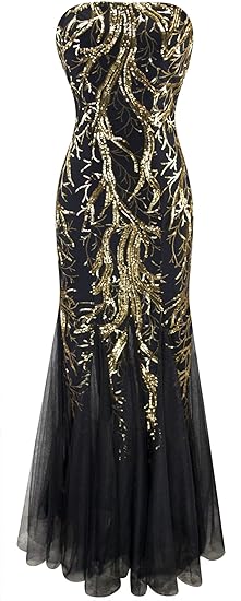 Angel-fashions Women's Sequin Strapless Paillette Tree Branch Tulle Mermaid Evening Dress