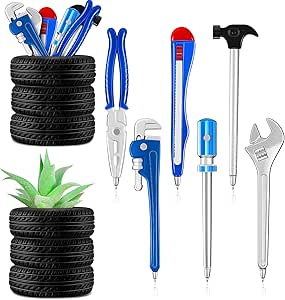 Zonon 6 Pieces Novelty Tool Pens Set with 2 Pieces Tire Shaped Pen Holder Writing Ballpoint Pens for Office Home School Supplies Desk Decoration Cactus Planter Pot