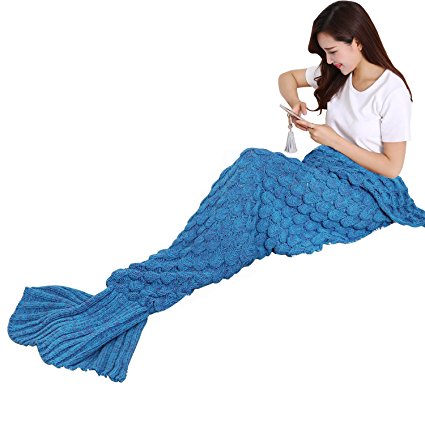 Ylovetoys Blue Soft Knitted Mermaid Tail Crochet Blanket for Adults, 75"x 35"