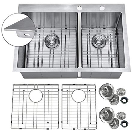 PRIMART PHT33DOX Handmade 33" Inch Topmount 60/40 Double Bowl 16 Gauge Statinless Steel Kitchen Sink with Bottom Grid, 9-Ga Extra Thick Panel