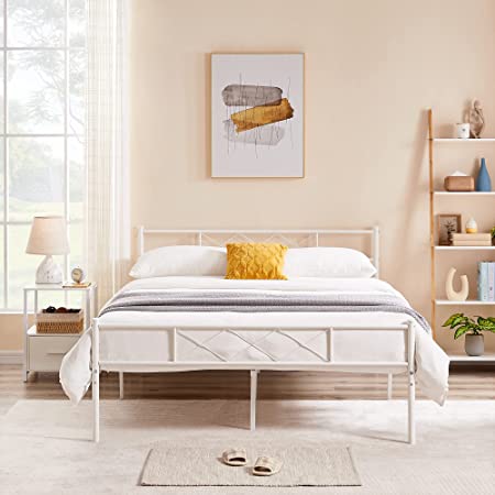 VECELO Metal Full Size Bed Frame Mattress Foundation with Headboard & Footboard/Firm Support & Easy Set up, Solid White