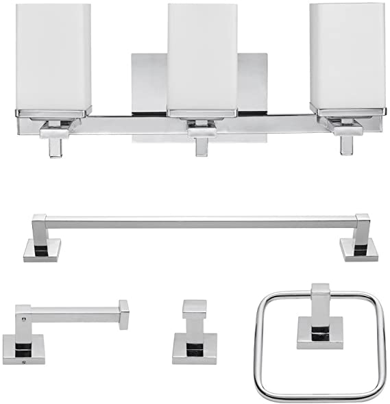 Globe Electric Finn 5-Piece All-In-One Bath Set, Polished Chrome Finish, 3-Light Vanity Light, Towel Bar, Towel Ring, Robe Hook, Toilet Paper Holder 59221