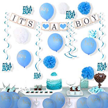 Baby Shower Decorations for Boy 2018 New Set Pom Poms Tissue Balloons for Outdoors Golden Banner Blue Swirls Danglers 30 pieces Complete Party Supplies It’s A Boy Personalized Decorative Gift