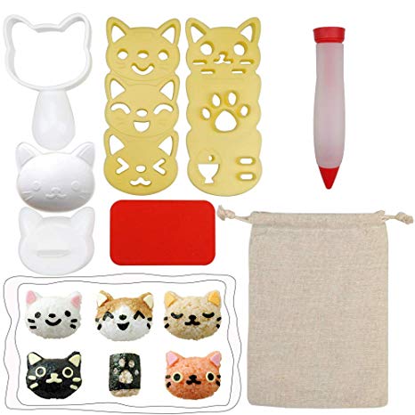 Cute Cartoon Cat Pattern Rice Ball Mold DIY Porphyra Sushi Nori Bento Kitchen Rice Molds 6 Sets with 1pc Sauce Decorating Pen in A Burlap Bag