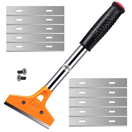 4" Razor Blade Tile Scraper Tool with Handle, Window Glass Wallpaper Remover, Sticker Glue Paint Floor Adhesive Removal Blade Scrapers, with 10 pcs Replacement Razor Blades