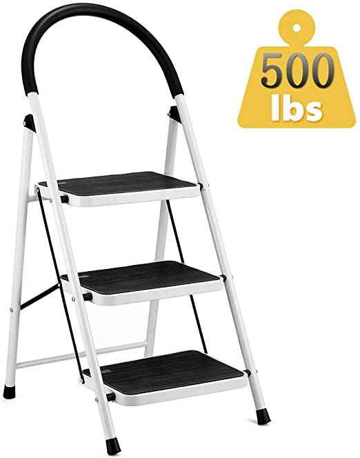 KINGSO 3 Step Ladder Folding Step Stool with Steel Wide Anti-Slip Pedal and Handgrip Anti-Slip, Lightweight 350lbs Portable Steel Step Stool, (500lbs Capacity)