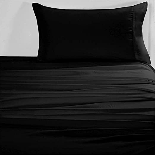 SDY 4PCS Black Bed Sheets Set, Hotel Luxury Bedding Sheets & Pillowcases Including 1 Top Flat Sheet 1 Fitted Sheet 2 Pillowcases, Wrinkle Fade Stain Resistant（Queen,14''）