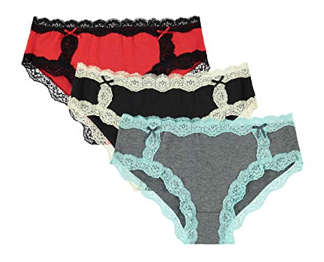 Free to Live 3 Pack Women's All Over Lace Panties - Colorful Trim Hipster Cotton Underwear