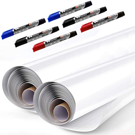 Whiteboard Sticker Paper Sheets, Easy Peel and Stick Dry Erase Contact Paper Upgrade 11 Ft Extra Wide, Self Adhesive Wall Paper Roll Pack of 2 for Classroom, Planning, Office, Kid Painting, 3 Markers