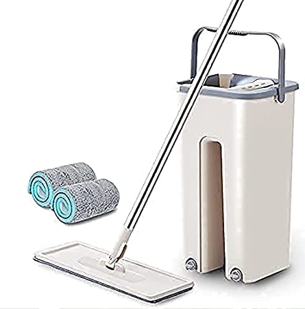 Gain Heavy Quality Floor Mop with Bucket, Flat Squeeze Cleaning Supplies 360° Flexible Mop Head/2 Reusable Pads Clean Home Floor Cleaner Wipess Dryer Sheets (WHITE)