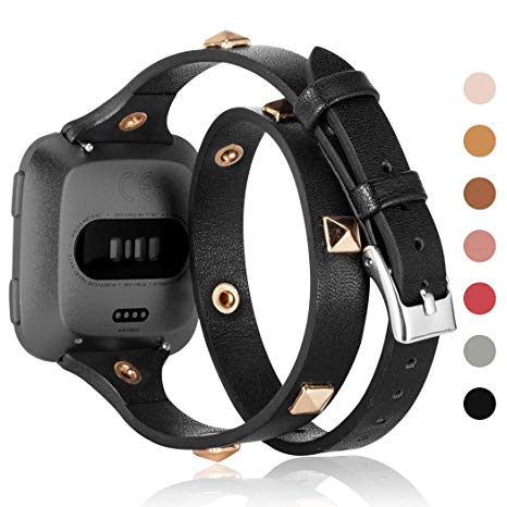 Wearlizer Leather Double Tour Band Compatible with Fitbit Versa/Versa 2 /Versa Lite/Versa SE Women Men,Slim Genuine Leather Rivet Watch Bands Compatible for Fitbit Versa