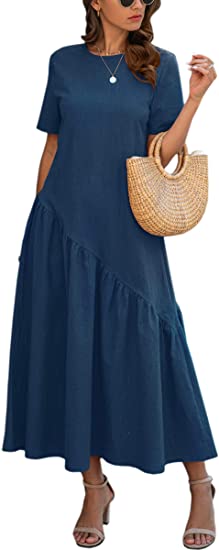 ECOWISH Women Dress Summer Short Sleeve Plain Loose Fit Solid Color Casual Cotton Basic Long Dresses