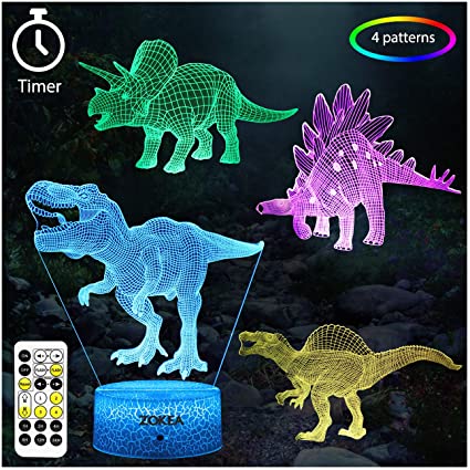 ZOKEA Dinosaur Toys, Dinosaur Gifts for Boys 7 Colors Changing 3D Dinosaur Night Light (4 Patterns) with Timer & Remote Control & Smart Touch, Gifts for Boys Girls Age 2 3 4 5 6 7 8 Year Old Boy Gifts