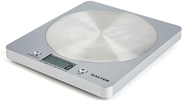 Salter Digital Kitchen Weighing Scales - Slim Design Electronic Cooking Appliance for Home / Kitchen, Weigh Food up to 5kg Aquatronic for Liquids ml and fl. Oz. 15Yr Guarantee - Silver
