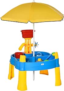 HOMCOM Sand- und Wasserspieltisch 2-in-1-Tischspielset für Sand- und Wasseraktivitäten im Freien 25 teiliges Strandspielzeug-Set mit Sonnenschirm Kinder Wasserspielzeug Wasserbahn draußen