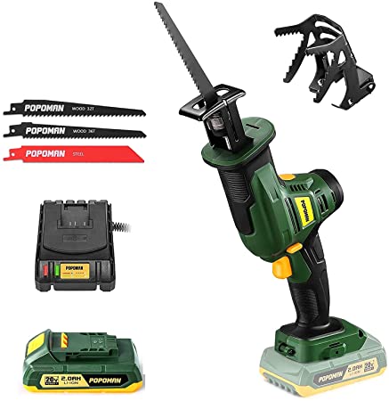 POPOMAN 20V Cordless Reciprocating Saw, 2800 SPM, 4/5"(20mm) Stroke Length, 2.0Ah Battery & Fast Charger, Variable Speed, 3 SAW Blades for Metal & Wood Cutting - PMRS01D