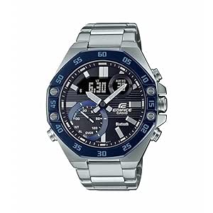 Casio Men Stainless Steel AnalogDigital Blue Dial Watch-Ecb-10Db-1Bdf, Band Color-Silver