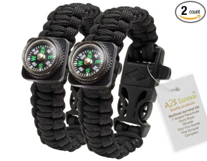 1# BEST Value For Money A2S Survival Kit Paracord Bracelet Set of 2 with Compass Flint Fire Starter, Stainless Fire Scraper, Emergency Whistle